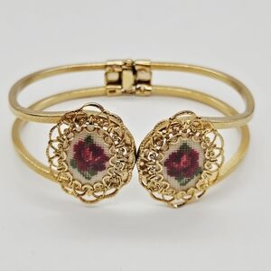 VINTAGE | rose flower floral petit point embroidery clamshell bracelet